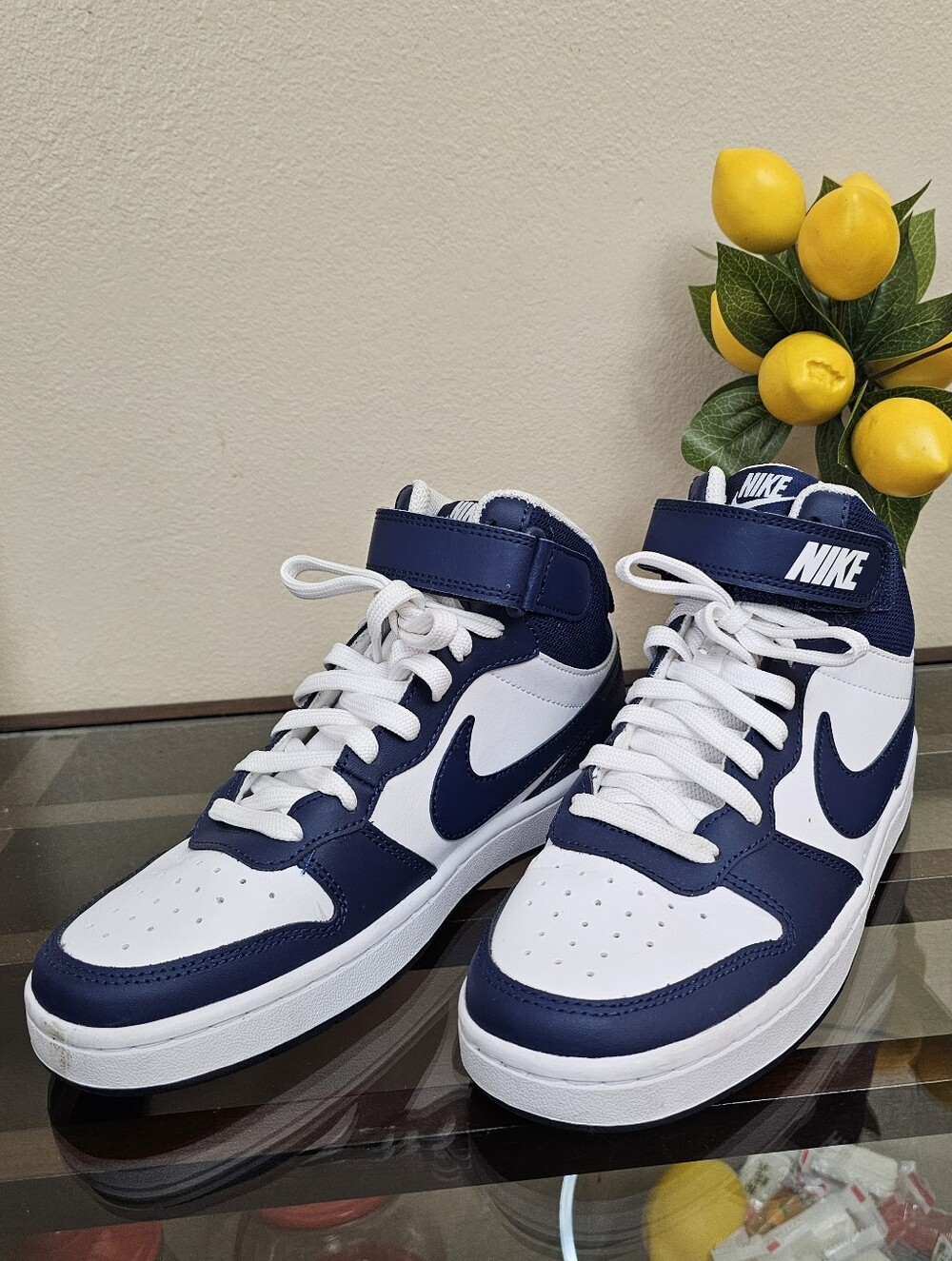 Nike Court Borough Mid 2 Top Sneakers in White & Navy